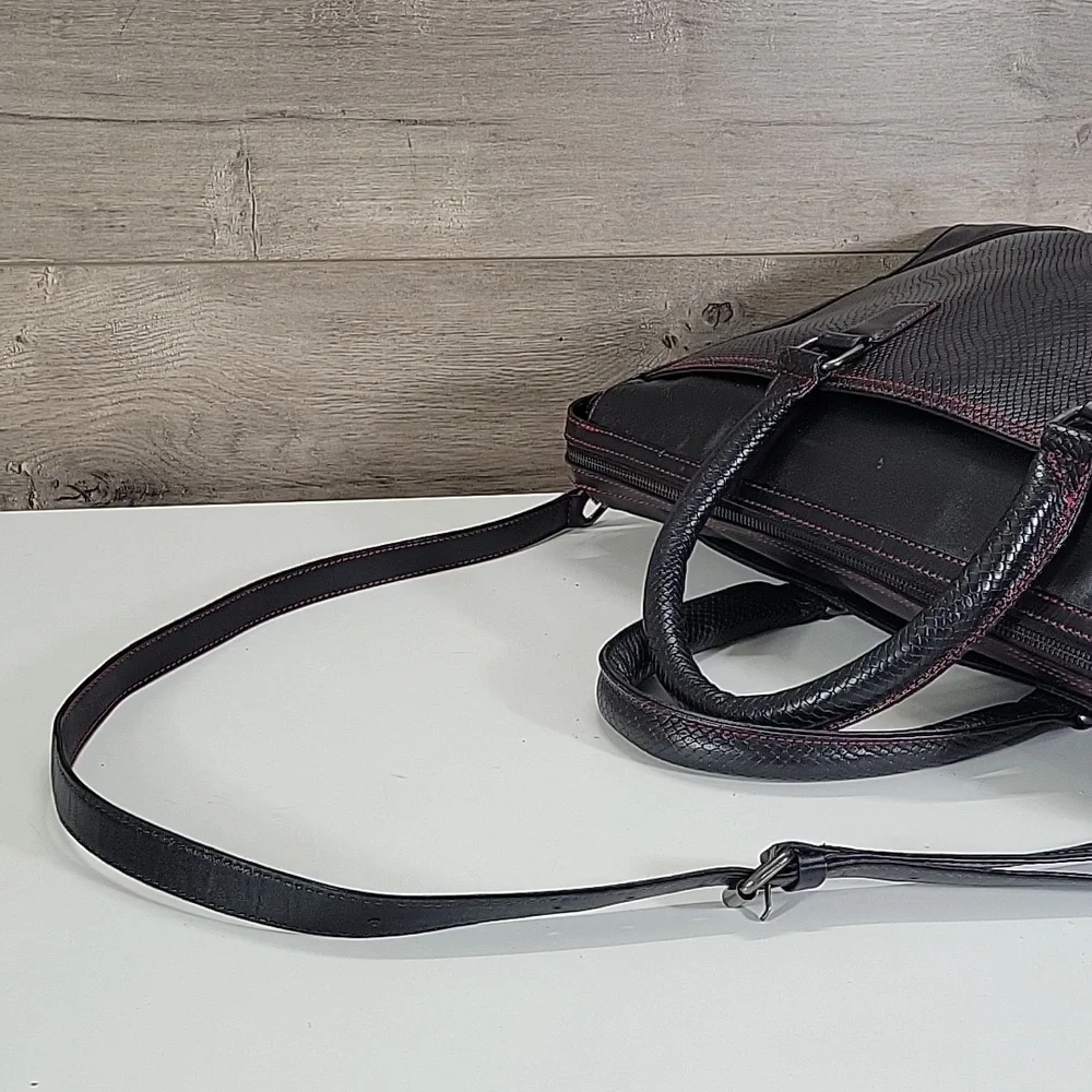 Karpassi Black Leather Briefcase Laptop Bag with Red Stitching